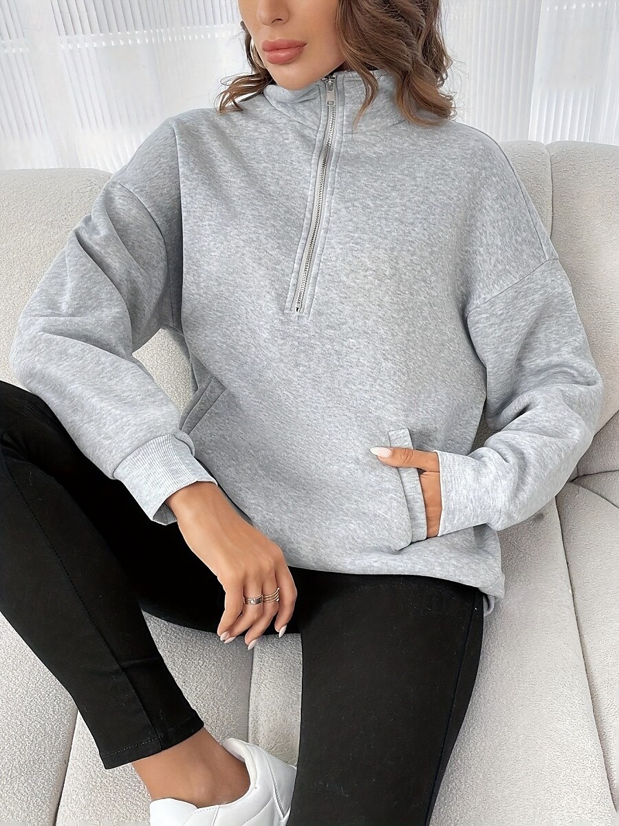 Mulheres Moletom Tecido Casual Manga Longa Gola Alta Tops regulares Rua Dia a Dia Patchwork Zíper Preto Fúcsia Cinzento Escuro Bege Cinzento Outono Inverno de 2025 por $26.99 –P8
