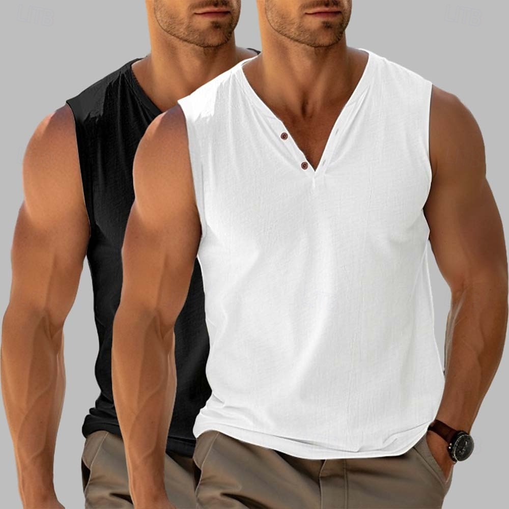 Férfi Henley ing Tee Top Ujjatlan Rövid ujjú V-alakú Nyár Sima Divat Dizájn Alap 2 db Vakáció Utca Hétköznapi Fekete + Fekete Fehér + khaki Fekete+ Khaki Férfi felső póló 2025 - $23.99 –P7