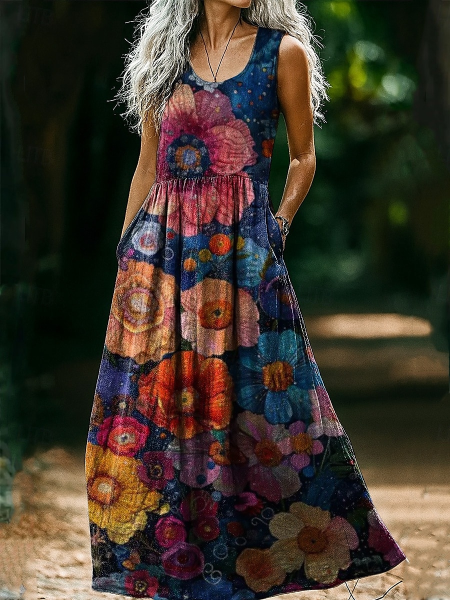 Abito vintage da donna in stile boho con stampa floreale, casual, per uscire in spiaggia, vestibilità regolare, senza maniche, scollo a U, rosa vinaccia, marrone chiaro, blu, estate e primavera. del 2025 a $35.99 –P3