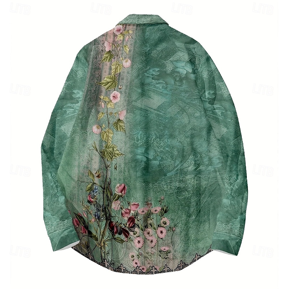 Herr Blomtryck Blommor Skjorta Ståkrageskjorta Långärmad Ledigt Semester Dagliga kläder Utekväll Vår Höst Kraghalsband Bandkrage Button-Down Linne som skjorta Grön 2025 - $25.99 –P3