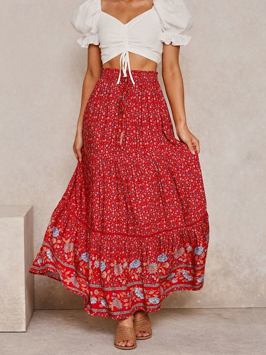Mujer Falda Línea A Bohemia Casual Maxi Alta cintura Faldas Floral Estampado Microelástico Calle Diario Rojo Albaricoque Verano Poliéster Rayón 2025 - $28.99 –P2