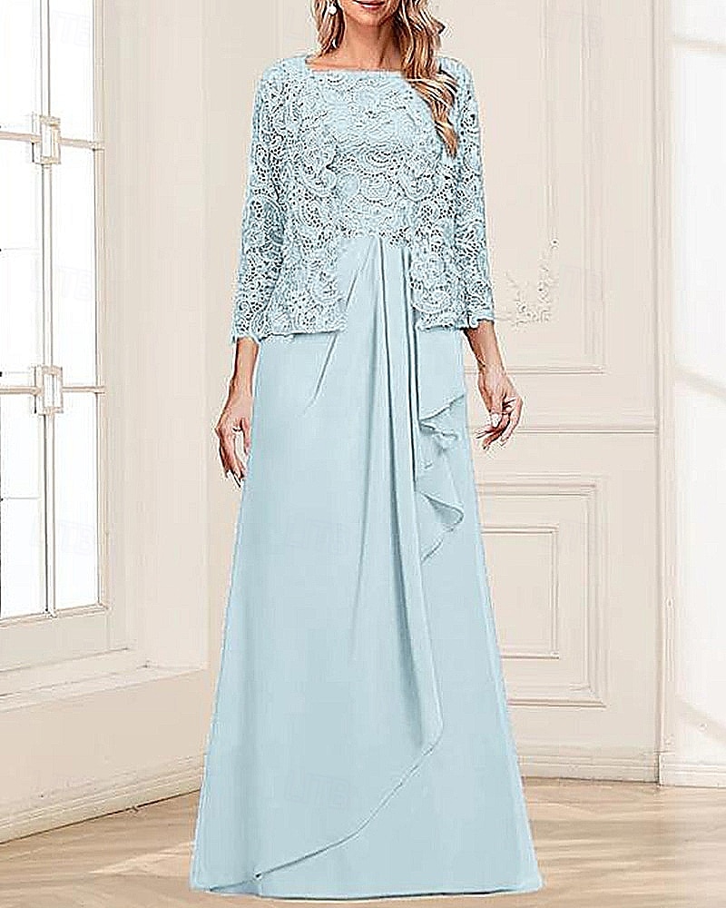 Tweedelig A-lijn Moeder van de bruid jurk Elegant Eenvoudig minimalistische Vierkante hals Tot de grond Chiffon Geribd kant Mouwloos 3/4 mouw met Plooien Ruches Gelaagde ruches 2025 2025 - $135.99 –P7