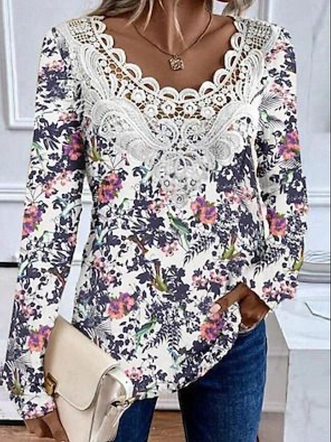 Femmes Chemisier Fleuri Graphique Plantes Élégant ancien Mode manche longue Col ras du cou Col en V Hauts Réguliers Quotidien Sortir Week-end Dentelle Patchwork Imprimé Rose poussiéreuse Violet Kaki de 2025 ? $23.99 –P2