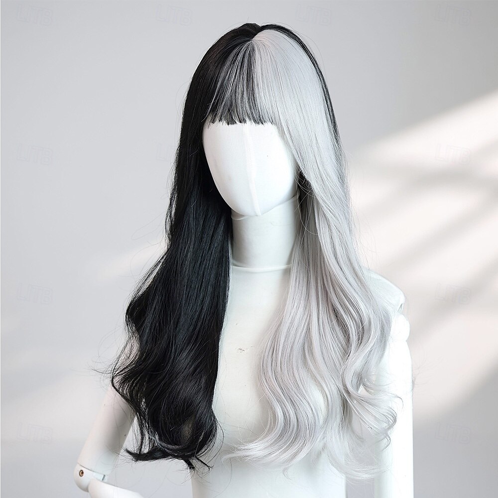 Parrucca ondulata nera e grigia da 24 pollici per donna: capelli bicolore alla moda con frangia, perfetta per costumi di Halloween e moda quotidiana del 2025 a $33.99 –P4