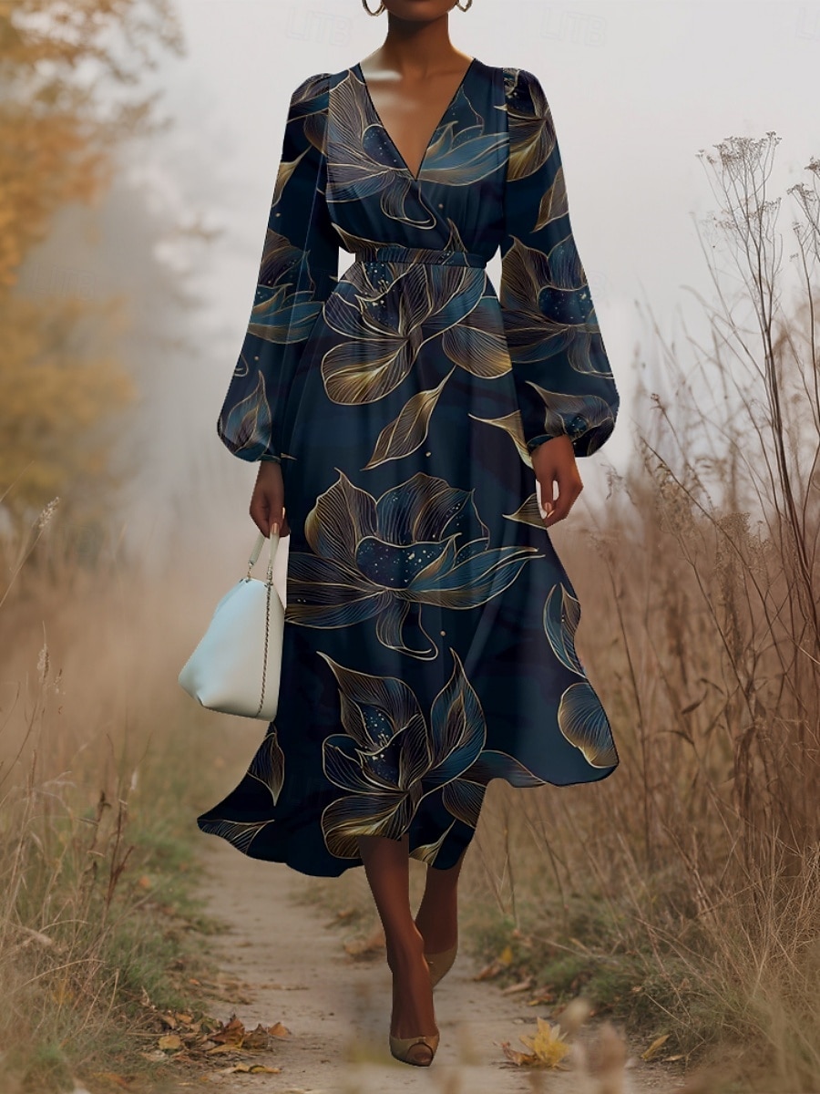 Pentru femei Rochii Midi Rochie casual Șifon Rochie leagăn Modern Vacanță Zilnic Sfârșit de săptămână Fit regulat Floral Frunză Manșon Lung În V Bleumarin Verde Închis Trifoi Albastru Închis Var 2025 - $31.99 –P5