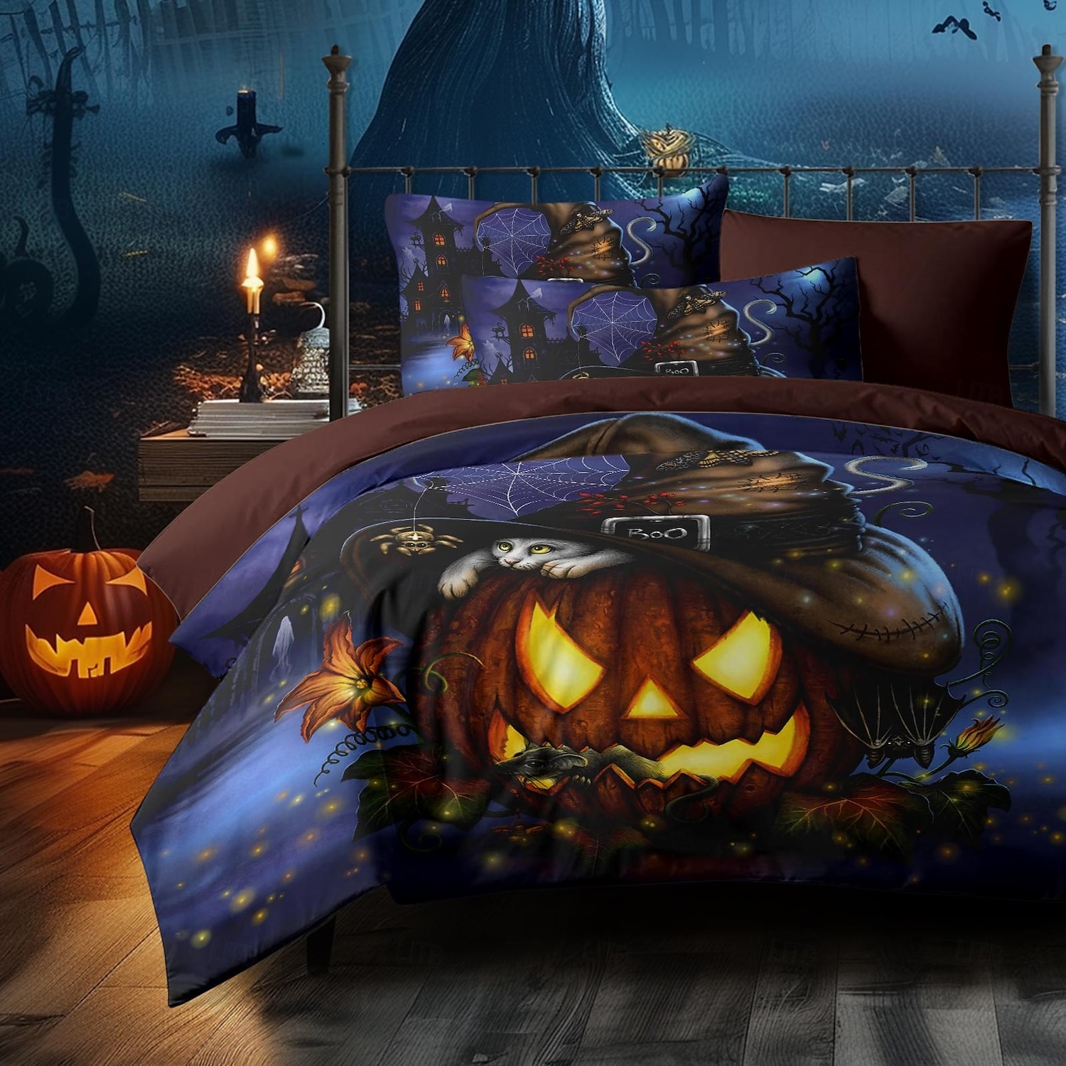 Παπλωματοθήκη για το Halloween, μια τρομακτική νυχτερινή εκδοχή από την Sarah Richter. Σετ κλινοσκεπασμάτων 3 τεμαχίων με φερμουάρ, απαλό και ελαφρύ, διακόσμηση υπνοδωματίου για τις γιορτές. 2025 - $41.99 –P4
