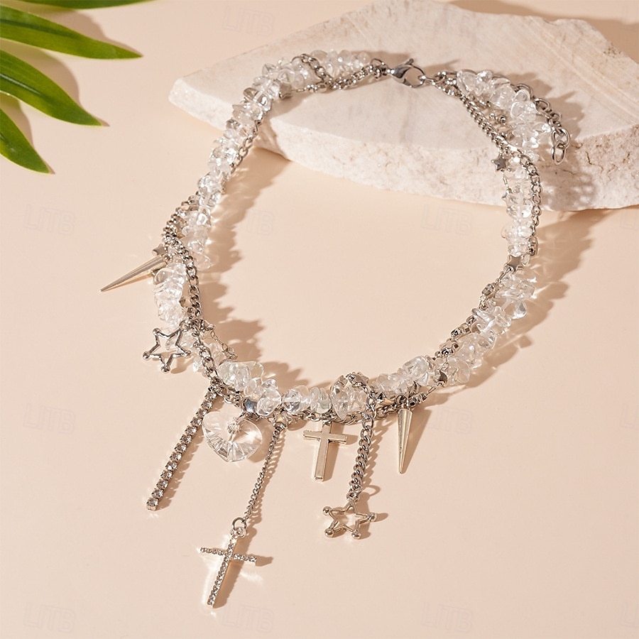 Collana girocollo in pietra nera punk gotica da donna con ciondoli a forma di croce, cuore e stella - gioiello importante per feste, discoteche e serate fuori del 2025 a $14.99 –P6