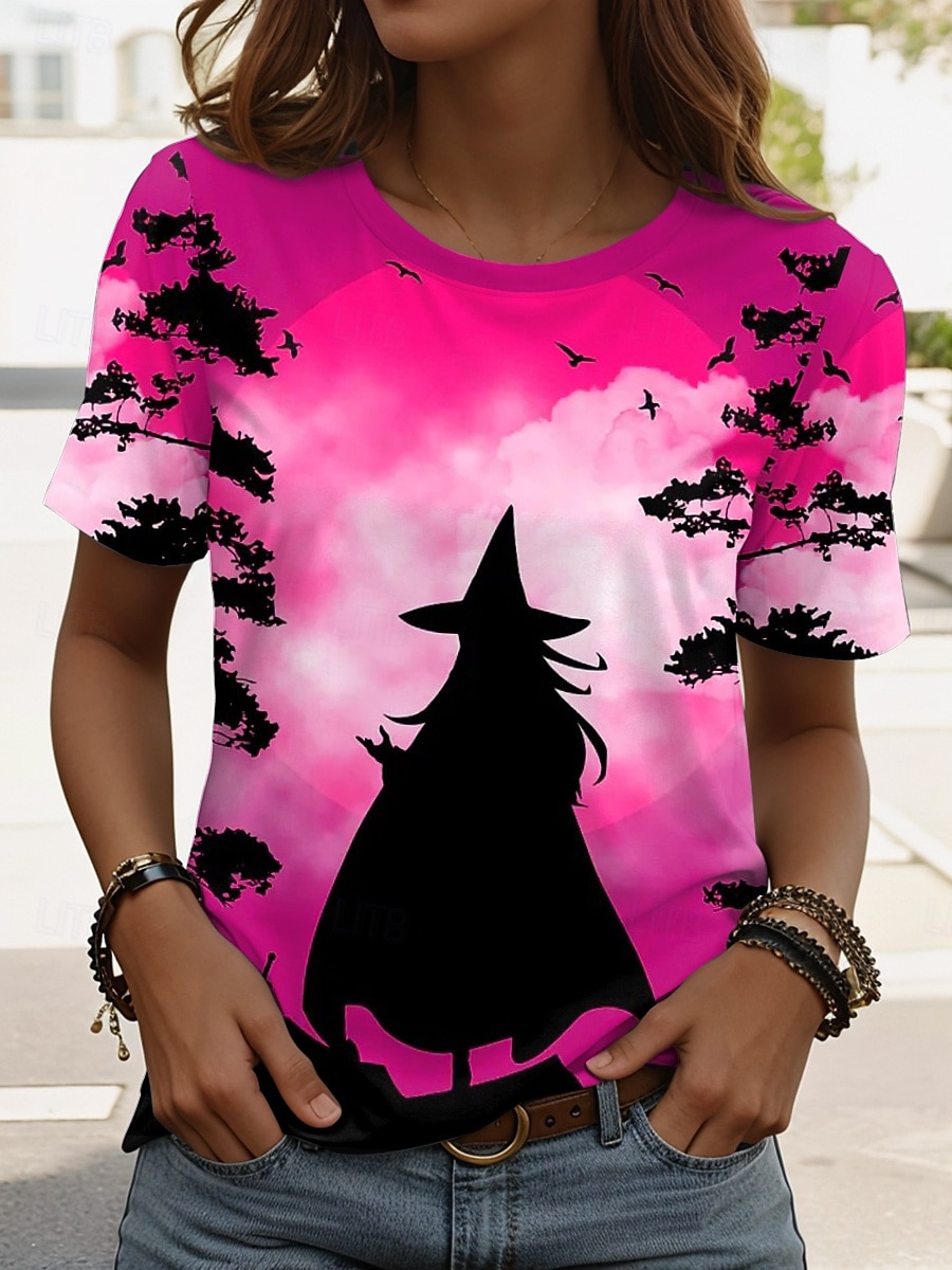 Halloween Pentru femei Tricou Grafic Halloween Epocă Stilat Clasic Manșon scurt Stil Nautic Rotund Topuri obișnuite Zilnic Sfârșit de săptămână Imprimeu Negru Roz Îmbujorat Albastru piscină Albastru 2025 - $19.99 –P6