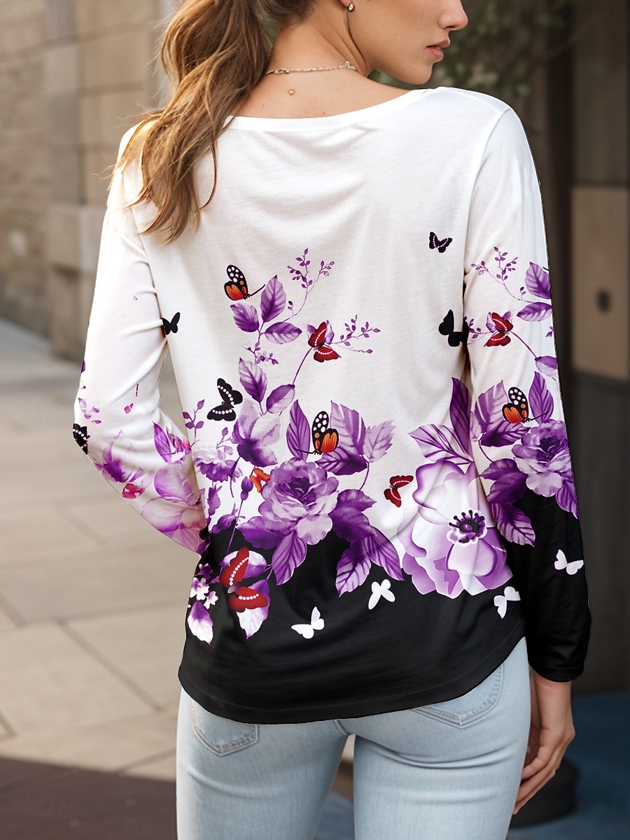 Per donna Maglietta Floreale Grafico Farfalla Vintage Elegante Classico Manica Lunga Girocollo Top Regolari Quotidiano Stampato Giallo Rosso Blu Viola Verde Estate Primavera Autunno del 2025 a $22.99 –P2