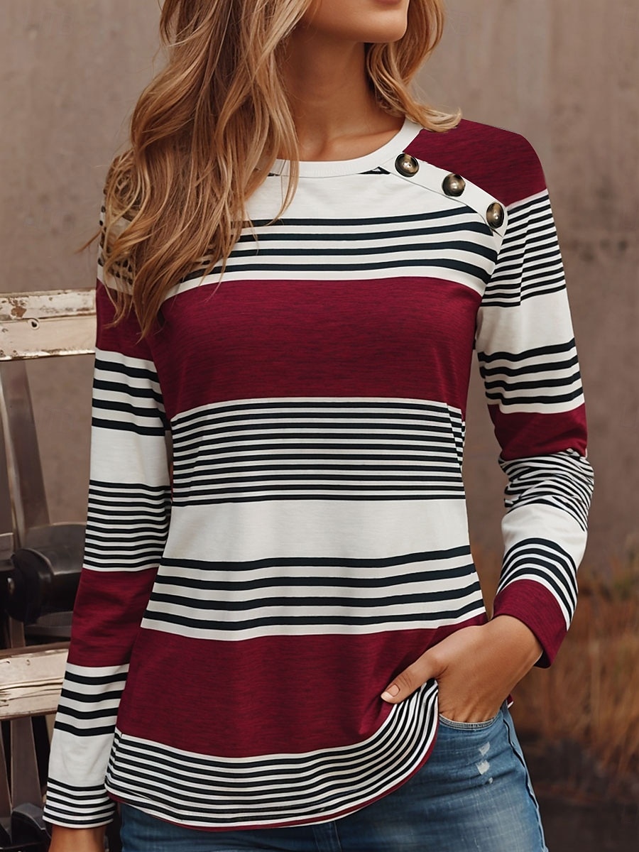Pentru femei Tunică Tricou Grafic Geometric Dungi Epocă Stilat Clasic Manșon Lung Stil Nautic Rotund Topuri obișnuite Zilnic Ieșire Sfârșit de săptămână Nasturi Imprimeu Roșu-aprins Albastru piscin 2025 - $24.99 –P3