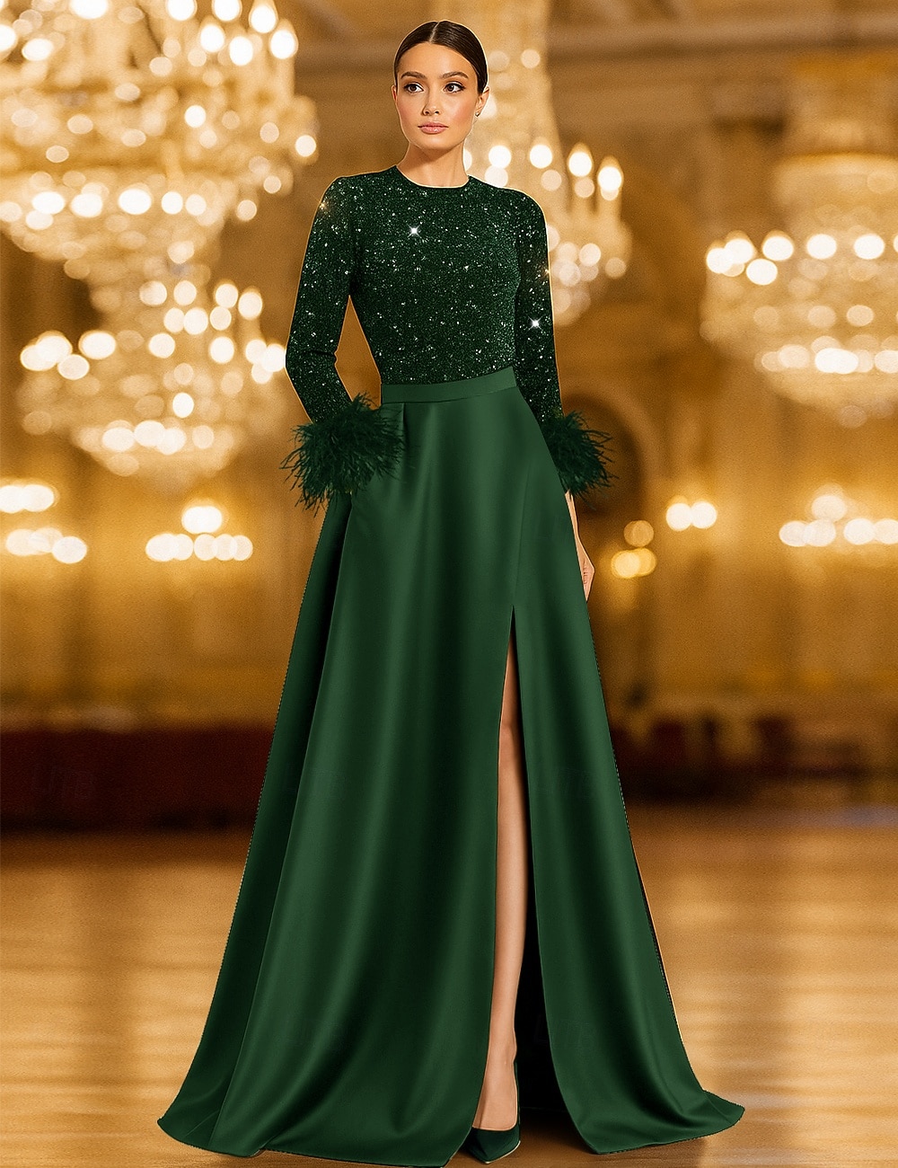 Šaty ve tvaru A večerní gown flitrové Elegantní šaty formální svatební maxi délka dlouhý rukáv kulatý výstřih kapsa satén s péřovými kapsami 2025 - $144.99 –P3