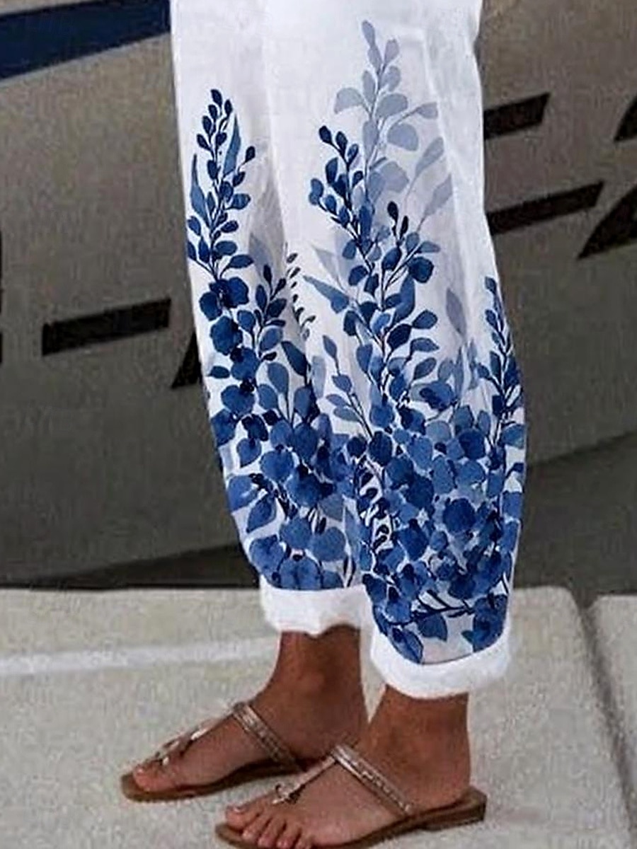Women's Chinos Vacation Vintage Ethnic Style Ankle-Length High Waist Floral Graphic Leaf Pocket Soft Outdoor Breathable Inelastic Vacation Street Causal White-Blue Purple Green Khaki Summer Spring 2025 - $32.99 –P3