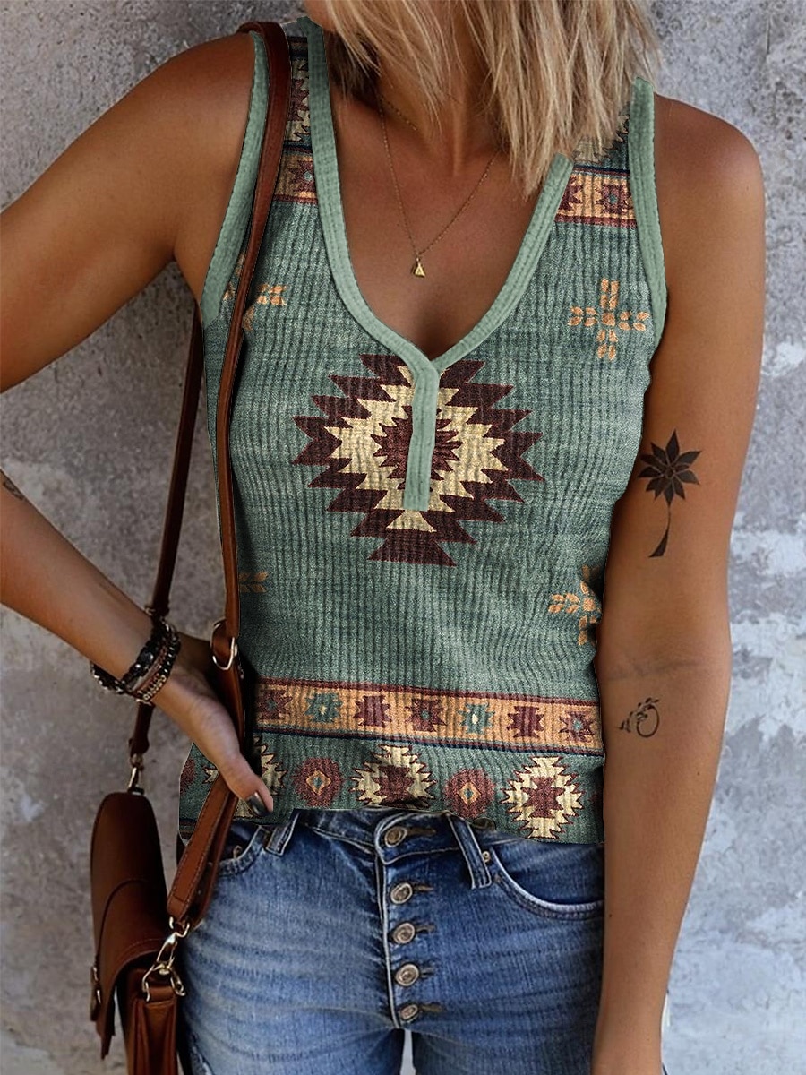 Dame Camisole Tank Top Grafisk Geometrisk Årgang Stilfull Etnisk Ermeløs V-hals Vanlige topper Daglig Trykt mønster Salvie Grøn Lysebrun Oransje Grønn Kakifarget Sommer Vår 2025 - $17.99 –P1