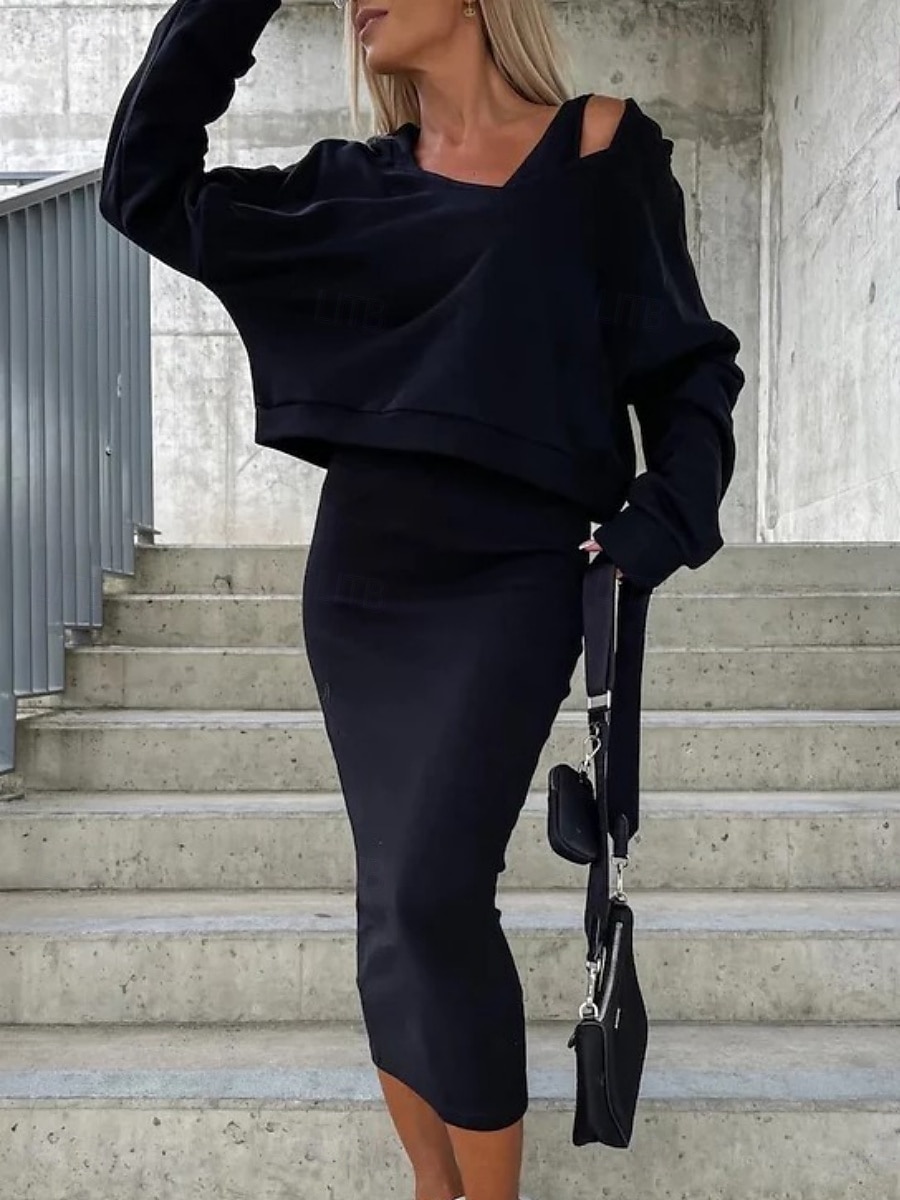 Femmes Robe Ensemble Robe fourreau Occasionnel Uni Froncé Robe Midi manche longue À capuche Extérieur Quotidien Noir Chameau Café Été Printemps Coupe régulière de 2025 ? $32.99 –P6