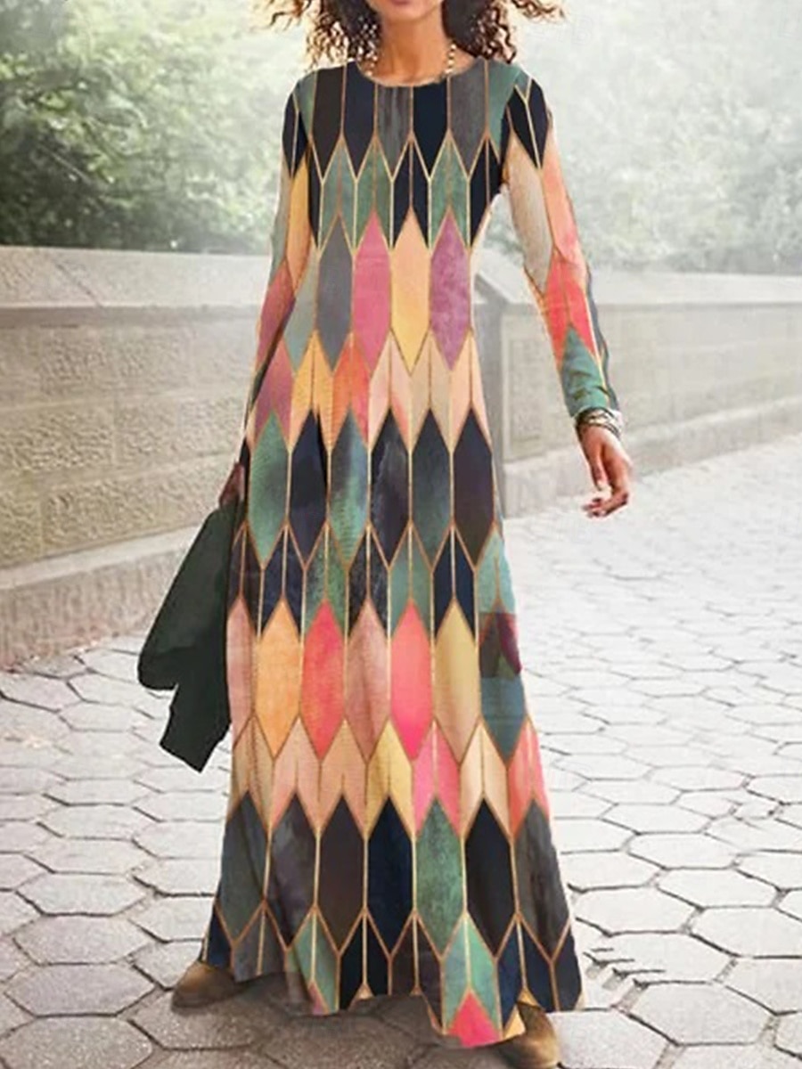 Damen Maxikleid T-Shirt-Kleid A Linie Kleid Sommerkleid Urlaub Lässig Täglich Normale Passform Grafik Geometrisch Langarm Rundhalsausschnitt Hellgrün Orange Braun Frühling Herbst Winter 2025 - $36.99 –P1