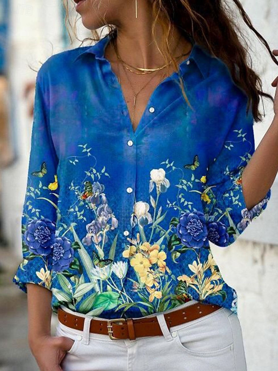 Damenhemd Langarm Knopfbluse Ombre Floral Grafik Alltag Stilvolle Lässige Hemdkragen Reguläre Oberteile Arbeit Alltag Urlaub Knöpfe Druck Salbeigrün Pink Blau Helllila Lila 2025 - $32.99 –P4