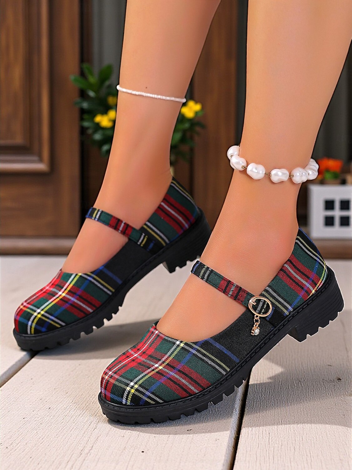 Women's Red Plaid Mary Jane Flats - Chunky Sole Tartan Shoes with Buckle Strap, Casual School Style for Teens and Fall Outfits 2025 - $19.99 –P3