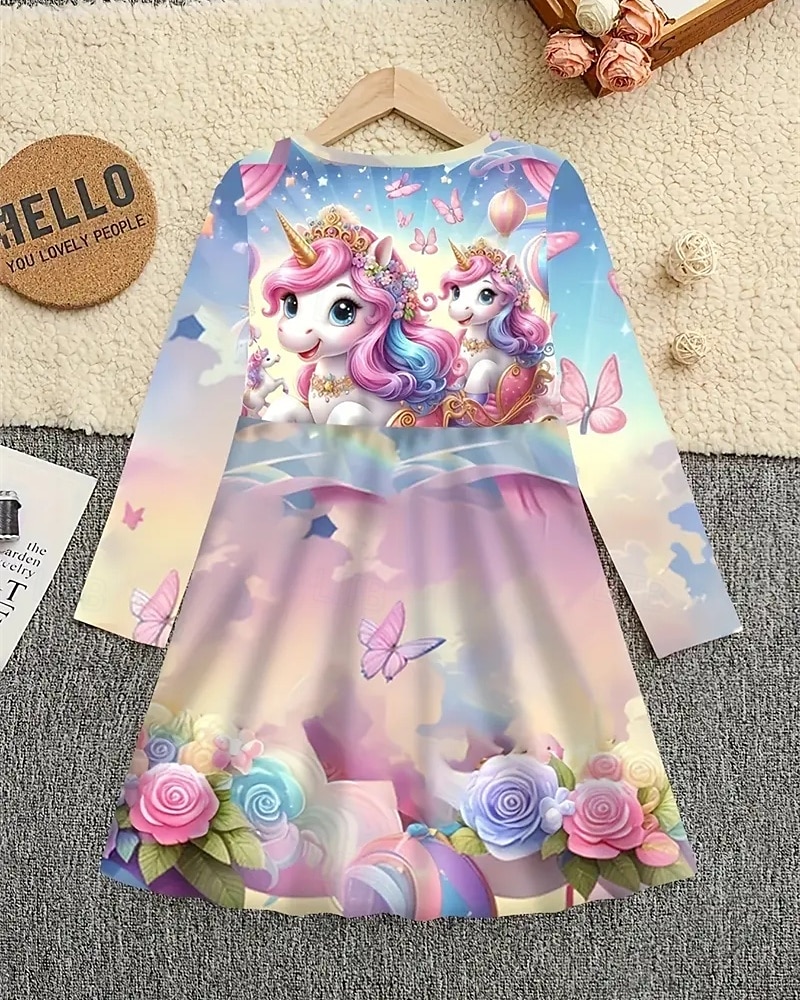 Mädchen' 3D Einhorn Kleid Langarm Sommer Frühling Urlaub Täglich Ferien Prinzessin Schön Süß Kinder 4-12 Jahre Freizeitkleid A Linie Kleid Knielang Normale Passform 2025 - $16.99 –P2