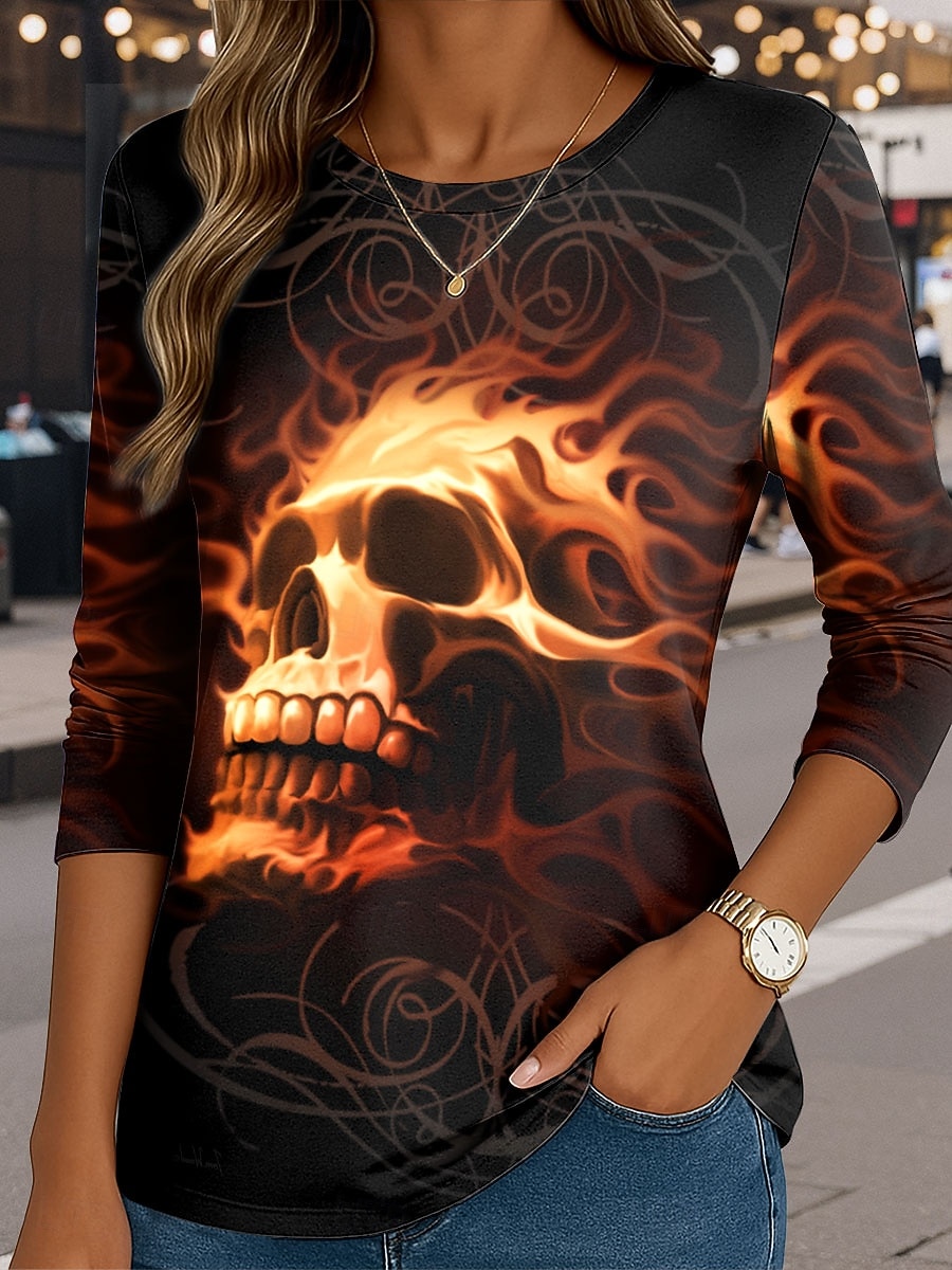 Fire By Tom Wood Dame T-skjorte Dødningehoder Rund Hals Lang Erme Tunika Grafikk Vintage Stilig Klassisk Rund Hals Regular Topper Daglig Print Svart Høst 2026 - $24.99 –P1