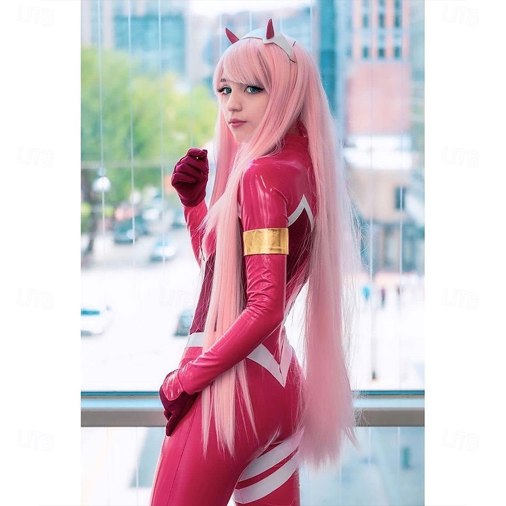 Perruque rose pastel longue et raide pour femme, cosplay anime Zero Two 02, avec corne, 99 cm de 2025 ? $26.99 –P6