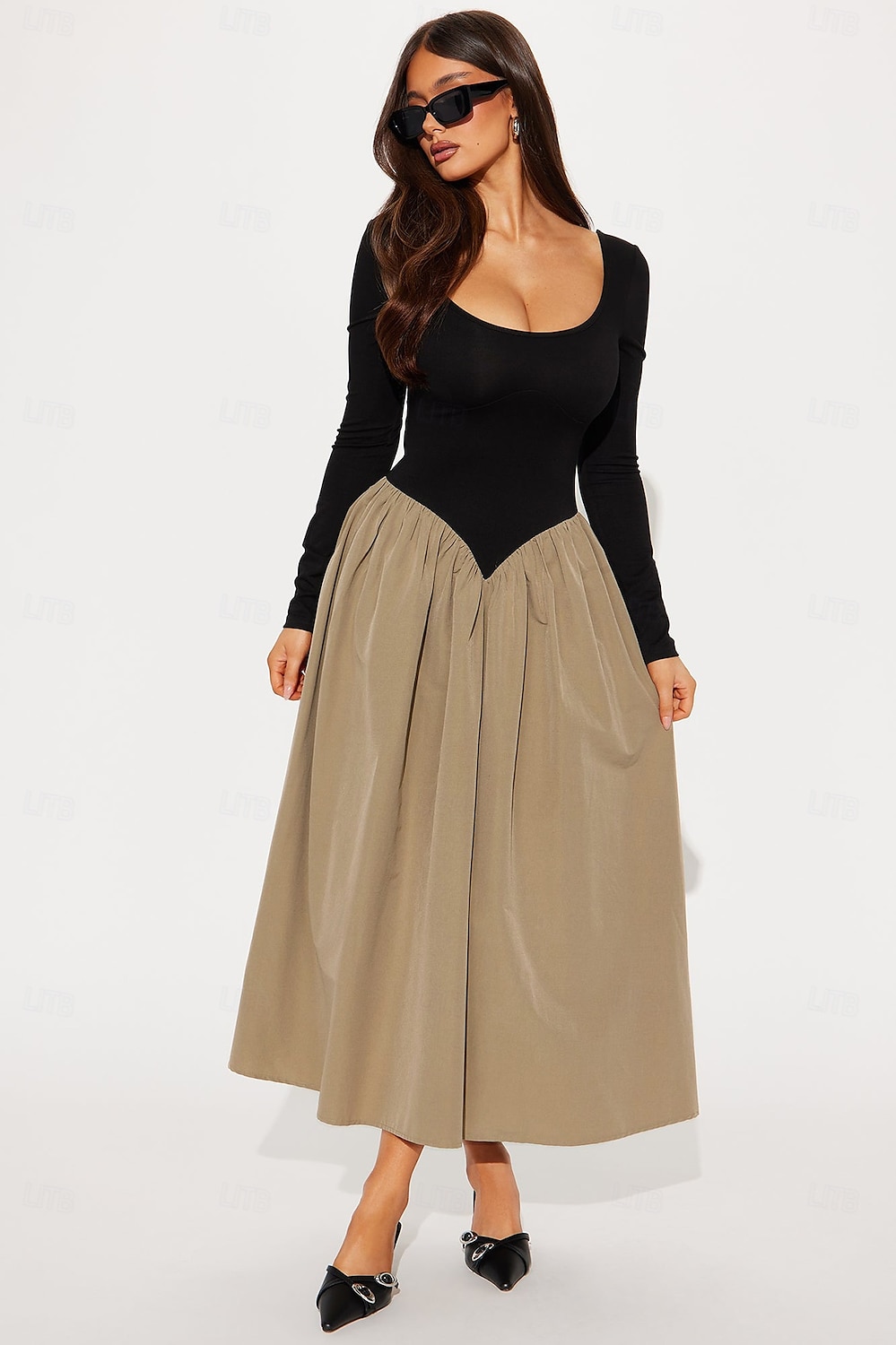 Dámské Maxi šaty Šaty bez zad Elegantní Večírek Narozeniny Dovolená Párty Denní Běžný Pevná barva Dlouhý rukáv Do U Khaki Léto Jaro Podzim 2025 - $43.99 –P1