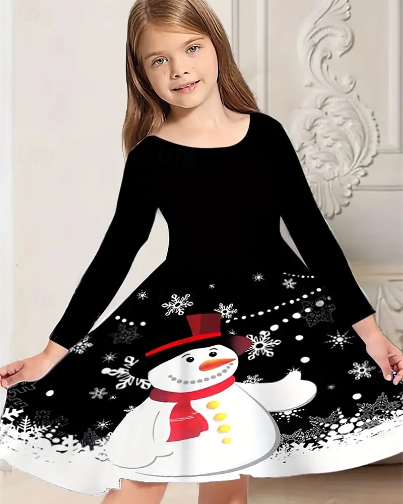 Girls' 3D Snowman Snowflake Dress Long Sleeve Summer Spring Vacation Daily Holiday Princess Beautiful Sweet Kids 4-12 Years Casual Dress A Line Dress Knee-length Regular Fit 2025 - $16.99 –P3