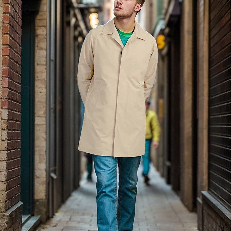 Men's Overcoat Trench Coat Long Trench Coat Vacation Daily Fall Winter Polyester Windproof Soft Outerwear Clothing Apparel Fashion Classic Plain Pocket Lapel Single Breasted 2025 - $48.99 –P4