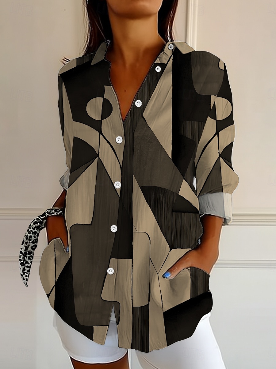 Damen Hemd Knopfverschluss Tunika Hemd Kragen Langarm Grafik Geometrisch Abstrakt Vintage Alltag Stilvoll Regular Tops Arbeit Alltag Feiertag s Print Schwarz und Weiß Pink Blau Lila Grün Frühling 2025 - $33.99 –P4