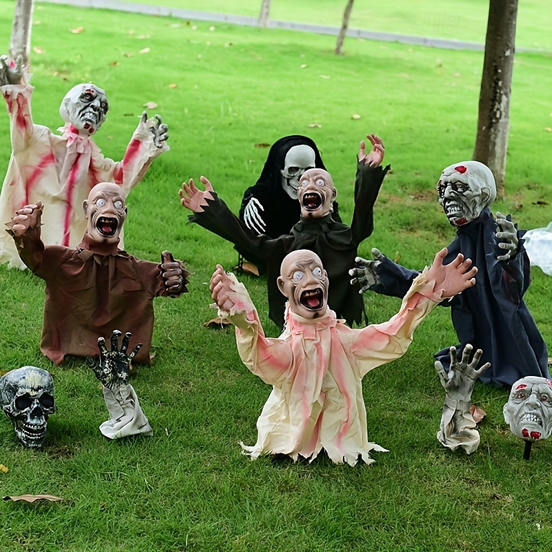 1 τεμάχιο πασσάλους γκαζόν με ζόμπι για το Halloween, μεγάλα τρομακτικά στηρίγματα με έλεγχο ήχου με ενεργοποίηση κίνησης, παραδοσιακό στυλ, πλαστικό και τζιν υλικό, εξωτερικές τρομακτικές 2025 - $82.99 –P1