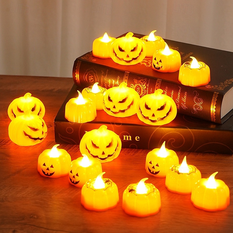 12 candele elettroniche a forma di zucca di Halloween con faccia di ragno, per interni ed esterni, per decorazioni di feste, atmosfere luminose del 2025 a $15.99 –P7