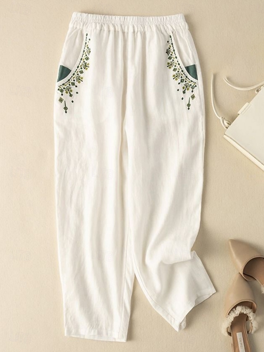 Mujer Pantalones de lino y algodón Chinos Moda Básico Longitud total Alta cintura Floral Bordado Comodidad Al Aire Libre Microelástico Vacaciones Calle Diario Blanco Amarillo Albaricoque Café Verano 2025 - $18.99 –P5