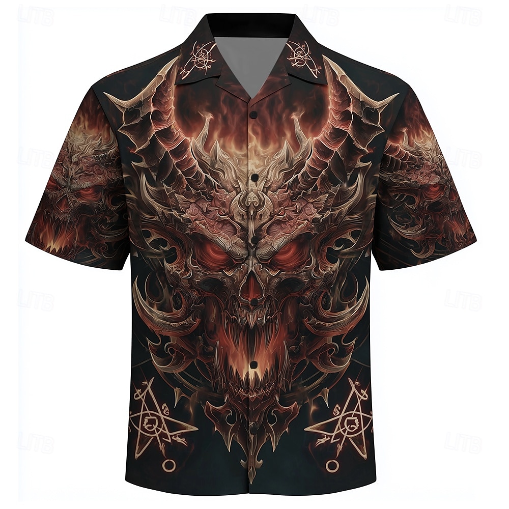 Men's Devil Flame Shirt Cuban Collar Shirt Button Up Shirt Short Sleeve Dark Punk Gothic Style Vacation Holiday Streetwear Summer Camp Collar Shirt 3D Print Black 1 Black Black 2 2025 - $23.99 –P1