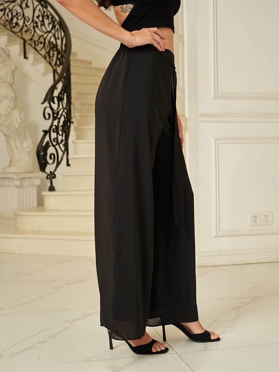 Per donna Culotte Gamba Larga Pantaloni Elegante Lunghezza intera Vita media Semplice Elastico in vita Micro-elastico Formale Ufficio Abbigliamento Quotidiano Nero Estate Primavera Autunno del 2025 a $59.99 –P3
