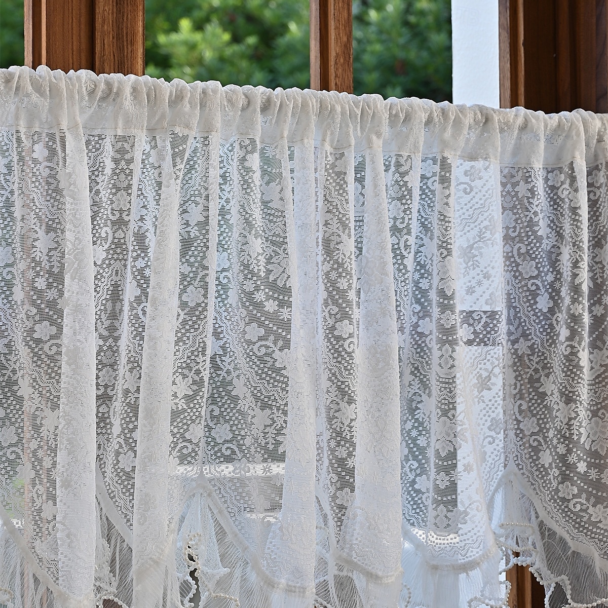 Lace Ruffled Kitchen Short Curtain Valance Vintage Floral Embroidered Short Sheer Cafe Curtain for Kitchen Window Rod Pocket Scalloped Bottom Beaded Sheer Valance1 Panel 2026 - $10.99 –P9
