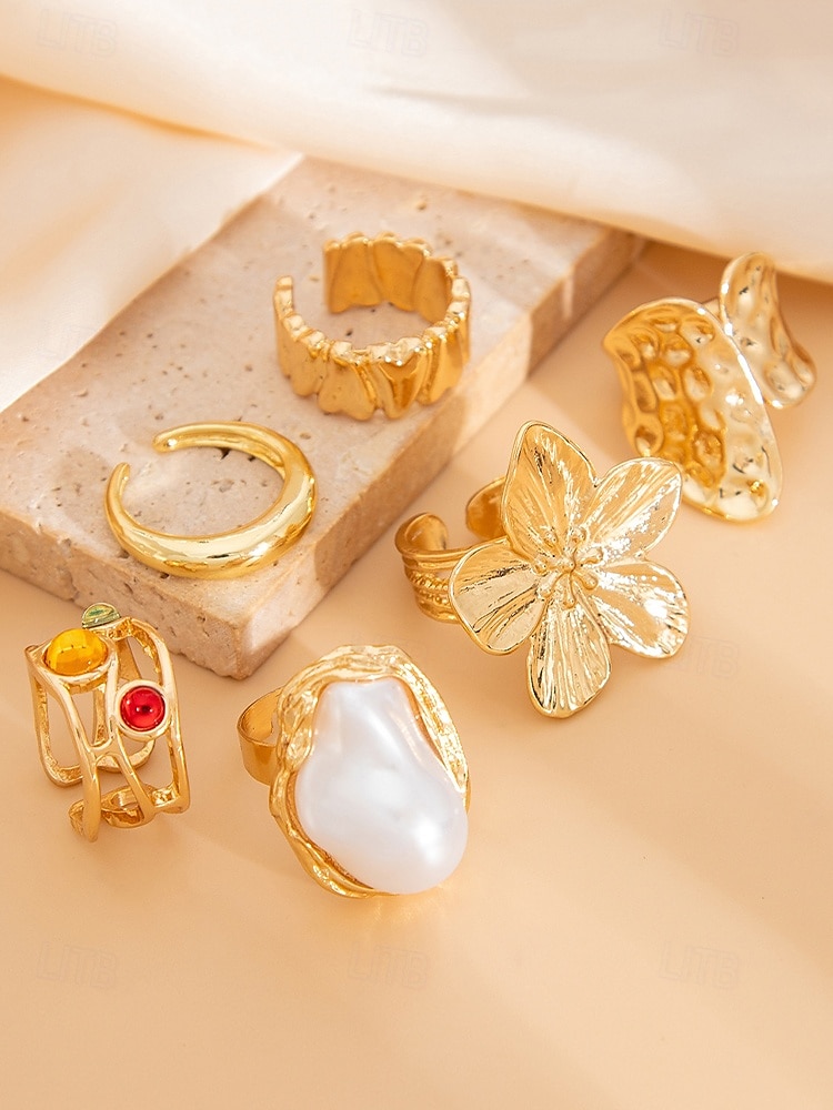 6-teiliges Vintage-Goldring-Set für Damen mit Perlen-, Blumen- und Edelsteinakzenten – modische Statement-Legierungsringe für Partys und den Alltag 2025 - $11.99 –P6