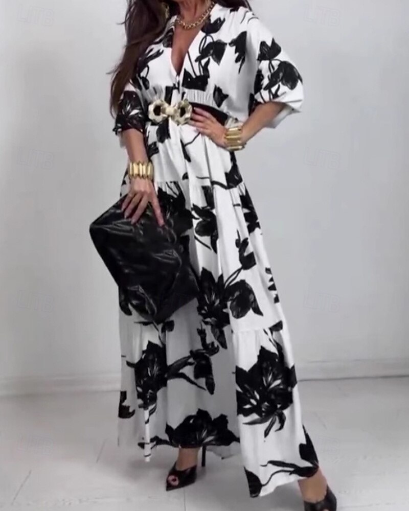 Dames Halflange jurk Jurk met print Modieus Modern Buiten Vakantie Feestdagen Normale pasvorm Bloem 3/4 mouw V-hals Zwart en Wit Herfst 2025 - $29.99 –P1