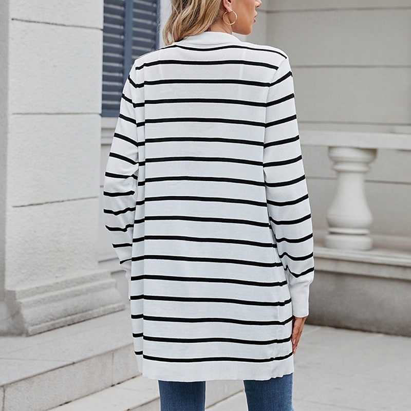 Femmes Pull Cardigan Mode Streetwear Quotidien Rayé Côtelé Ouvert devant Tricoté manche longue Hauts Longs Tricoter Fête Sortir Week-end Blanc / Noir Noir Automne Hiver de 2025 ? $28.99 –P11