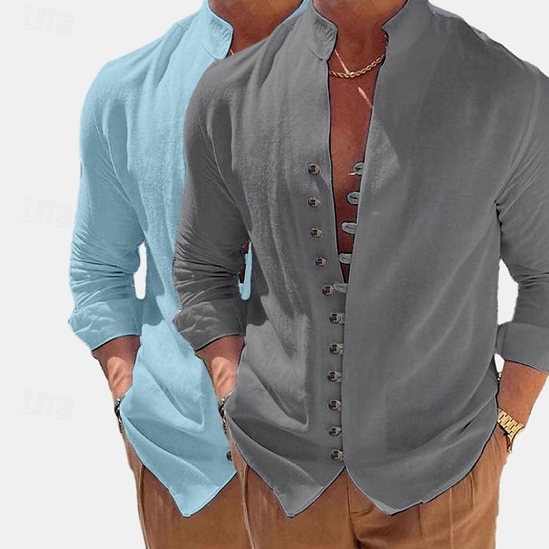 Men's Shirt Linen Shirt Summer Shirt Casual Shirt Button Up Shirt Plain Vacation Curise Green+pink Green+Khaki Blue+Khaki Khaki+Orange Long Sleeve Band Collar Summer Spring &  Fall Clothing Apparel 2026 - $29.99 –P12