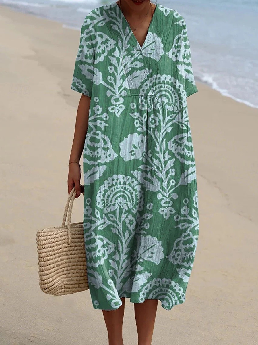 Femmes Robe Midi Robe d'Été Robe trapèze Vacances Occasionnel Chaussures de plage Soirée Sortir Plage Coupe Ample Fleuri Graphique Feuille Manche Courte Col en V Vert foncé Vert Été Printemps de 2025 ? $37.99 –P1