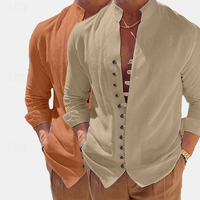 Men's Shirt Linen Shirt Summer Shirt Casual Shirt Button Up Shirt Plain Vacation Curise Green+pink Green+Khaki Blue+Khaki Khaki+Orange Long Sleeve Band Collar Summer Spring &  Fall Clothing Apparel 2026 - $29.99 –P9