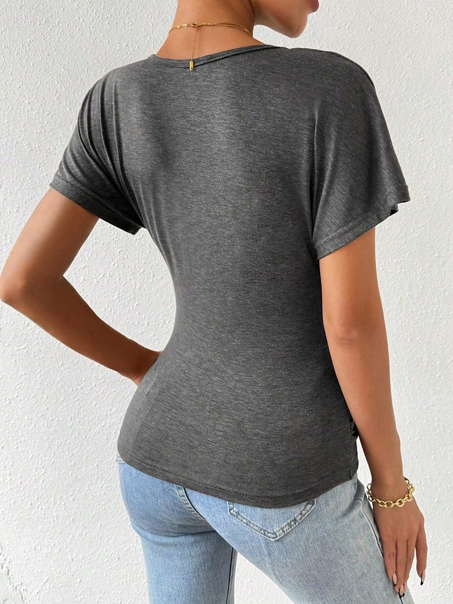Dames Zomer tops Effen Stijlvol Modern Korte mouw V-hals Normale tops Dagelijks Feestdagen Met ruches blauw Grijs Zomer 2025 - $21.99 –P6
