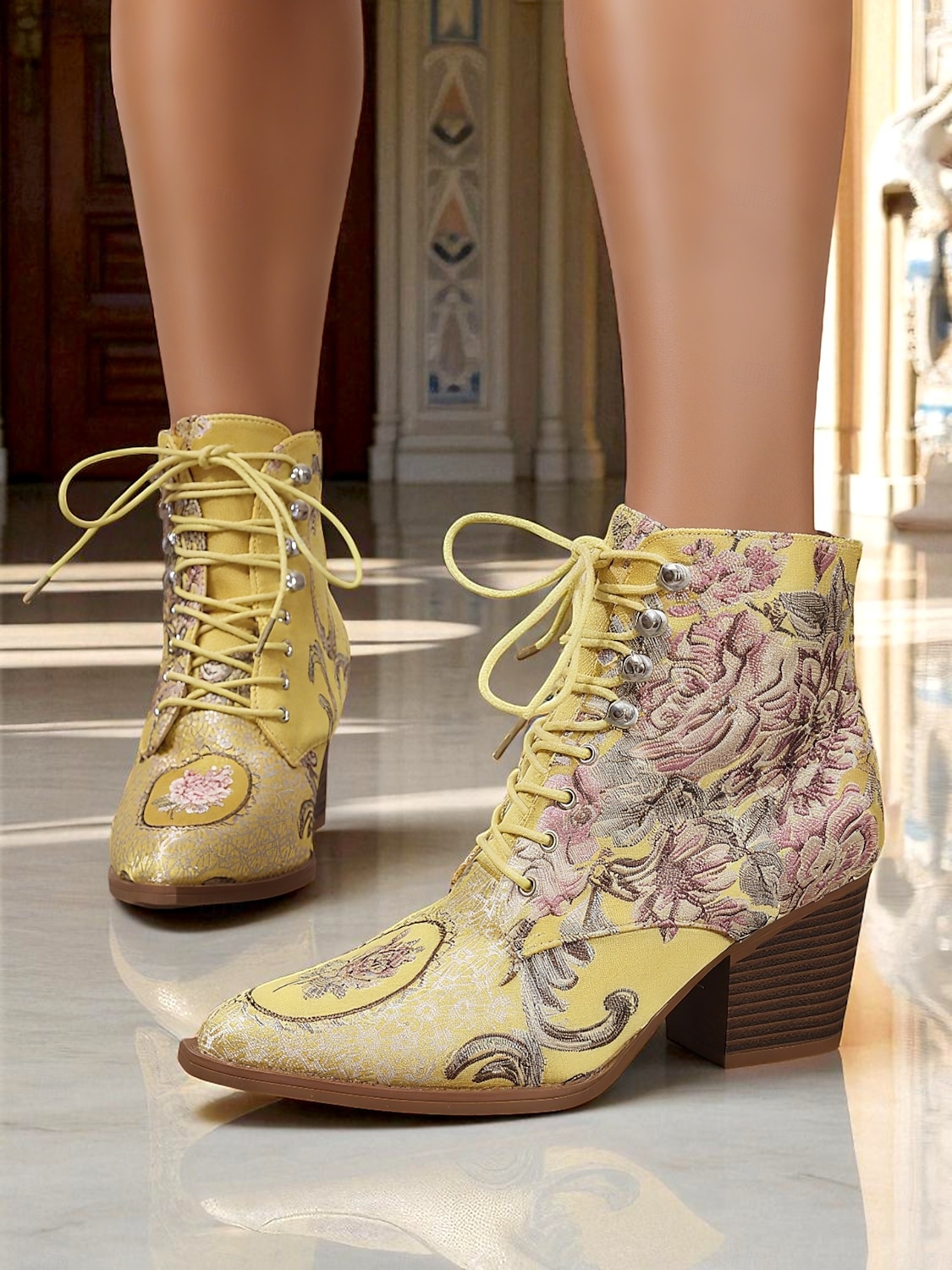 Bottines à lacets en jacquard jaune pour femmes avec talons épais - bottes courtes baroques de style victorien de la fin du XIXe siècle pour dames, idéales pour les tenues d'automne, les fêtes de 2025 ? $42.99 –P5