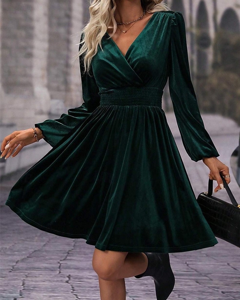 Pentru femei Rochie Mini Rochie casual Rochie de iarnă Modă Modern Zilnic Sfârșit de săptămână Fit regulat Simplu Manșon Lung În V Negru Roșu-aprins Trifoi Vară 2025 - $27.99 –P5