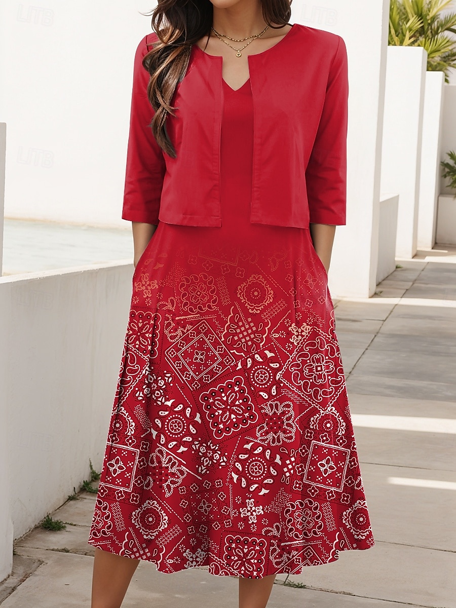 Femmes Robe Ensemble Robe trapèze Robe d'été Occasionnel Robes semi-formelles A Ombre Géométrique Imprimé Robe Midi Demi Manches Col en V Vacances Date Vert Claire Rouge Bleu Été Printemps Coupe de 2025 ? $36.99 –P1