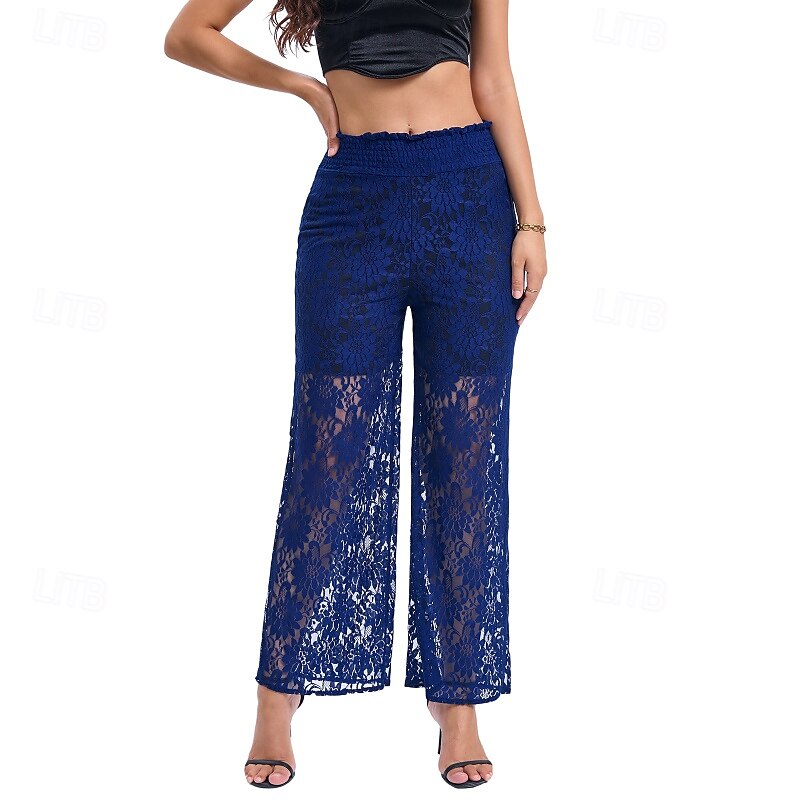 Femmes Jambe large Slacks Streetwear Occasionnel Longueur complète Naturel Uni Dentelle Patchwork Taille Élastique Confortable Fête Sortir Vert translucide Noir Blanche Bleu de minuit Automne Coupe de 2025 ? $16.99 –P10