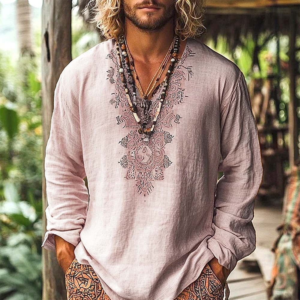 Herr Skjorta Linneskjorta Popover skjorta Sommarskjorta Standkläder Geometrisk Semester Gata Rosa Blå Orange Långärmad V-hals Sommar Vår Kläder 2025 - $23.99 –P5