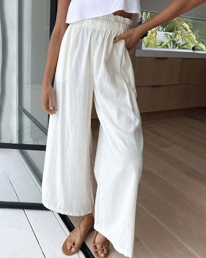 Mulheres Perna larga Calças Roupa de rua Casual Comprimento total Natural Tecido Cintura elástica Confortável Feriado Roupa Diária Final de semana clarete Ferrugem Azul marinho Branco Outono Normal de 2025 por $17.99 –P9