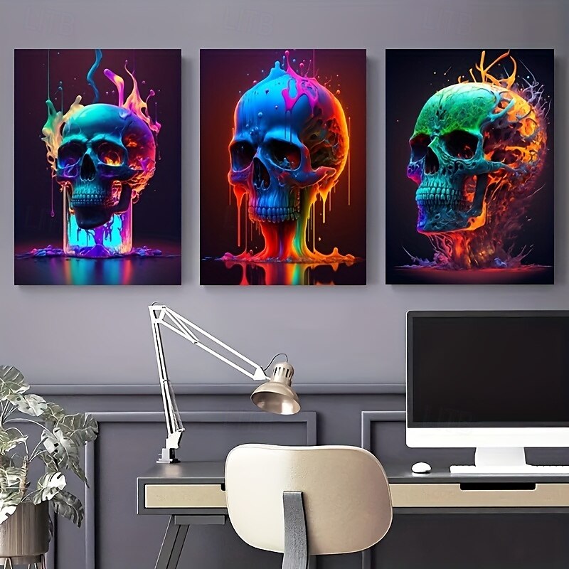abstrakt neonhodeskallefarge lerretskunst nydelig flammeplakattrykk uinnrammet stue soverom hjemmedekorasjon egnet for halloween 2025 - $13.99 –P3