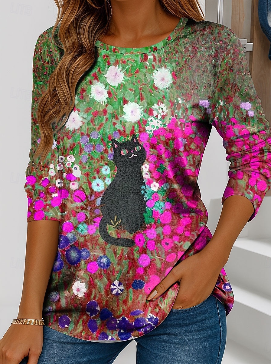 Pentru femei Tricou Floral Grafic Pisica Epocă Stilat Clasic Manșon Lung Stil Nautic Topuri obișnuite Zilnic Sfârșit de săptămână Imprimeu Roz Îmbujorat Portocaliu Trifoi Primăvară Toamnă 2025 - $22.99 –P4