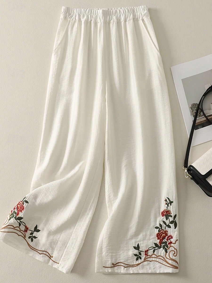 Damen Hose aus Baumwollleinen Chinos Ethno-Stil Basic Lässig Volle Länge Hohe Taille Blumen Bestickt Tasche Elastischer Bund Komfort Außenbereich Mikroelastisch Urlaub Straße Täglich Khaki Beige 2025 - $30.99 –P2
